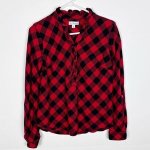 Kim Rogers Plaid Flannel Shirt Ruffle Neck Red Black Size Small